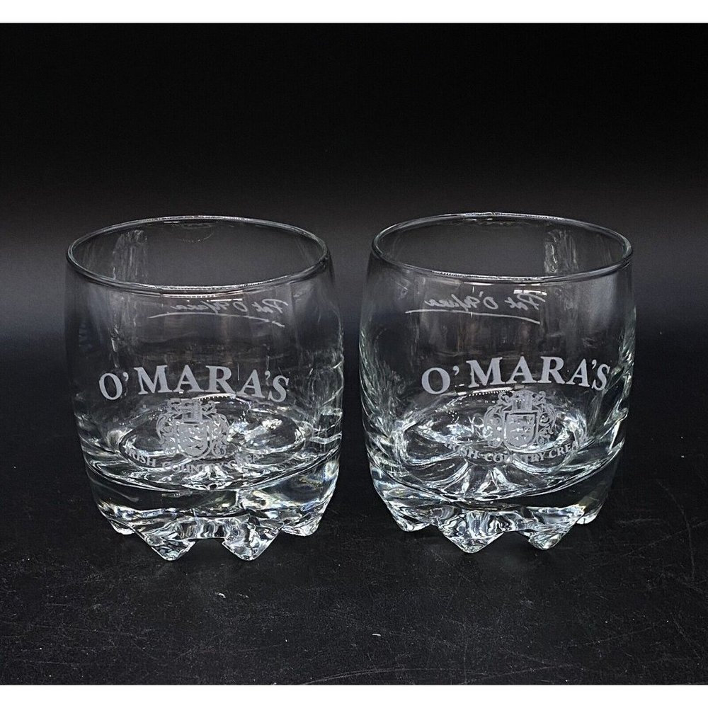 O'Mara’s Irish Country Cream Glass Lot 2 Rocks Glasses Etched Logo Pat O'Mara